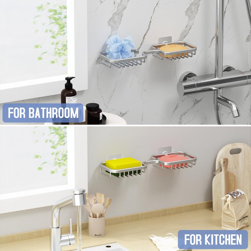 dancrul 2 Soap Dishes Holder Shower Drill-Free Soap Bar Holder for Shower Wall Shower Soap Holder for Bathroom  Rustproof Aluminum Sponge Holder for Kitchen Square (Silver) 1 Pack - Image 3